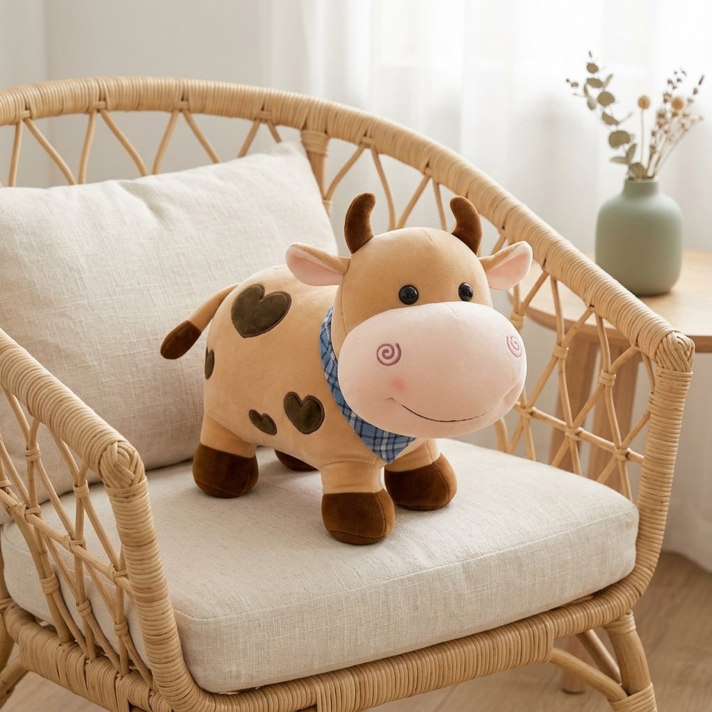 Peluche vache caramel sur un fauteuil en rotin