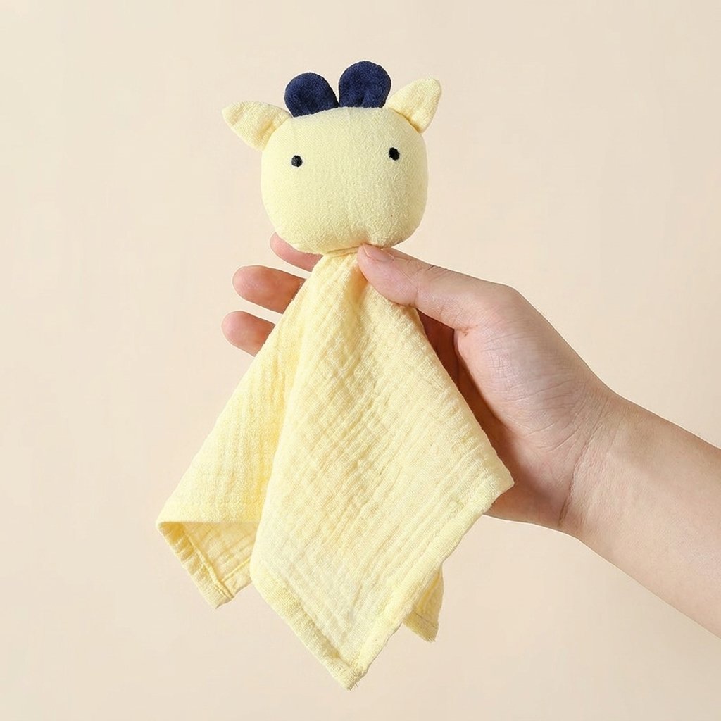 Doudou vache FANNY jaune tenu dans la main