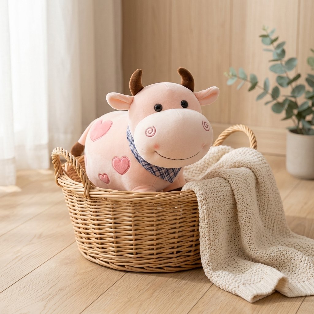 Peluche vache rose dans un panier en osier