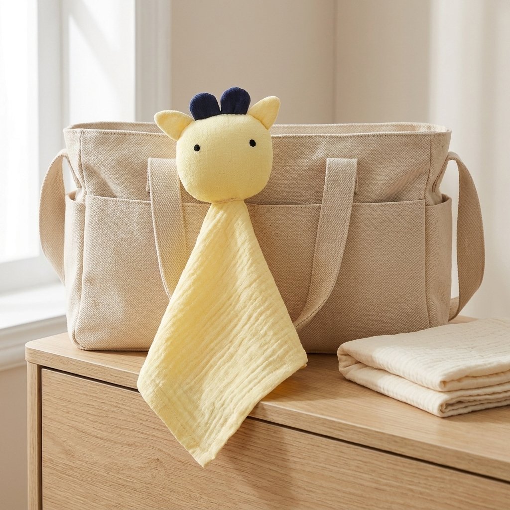 Doudou vache devant un sac à langer