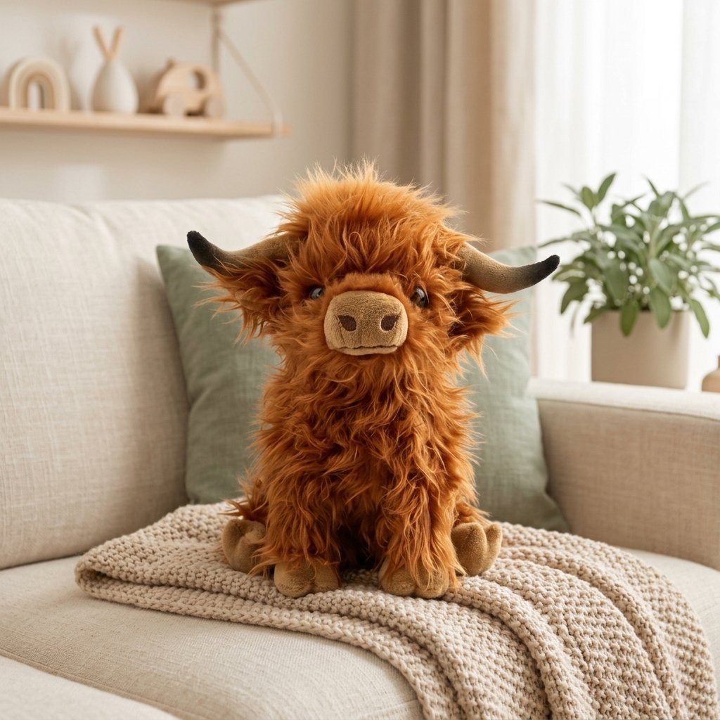Peluche vache des Highlands rousse sur un canapé