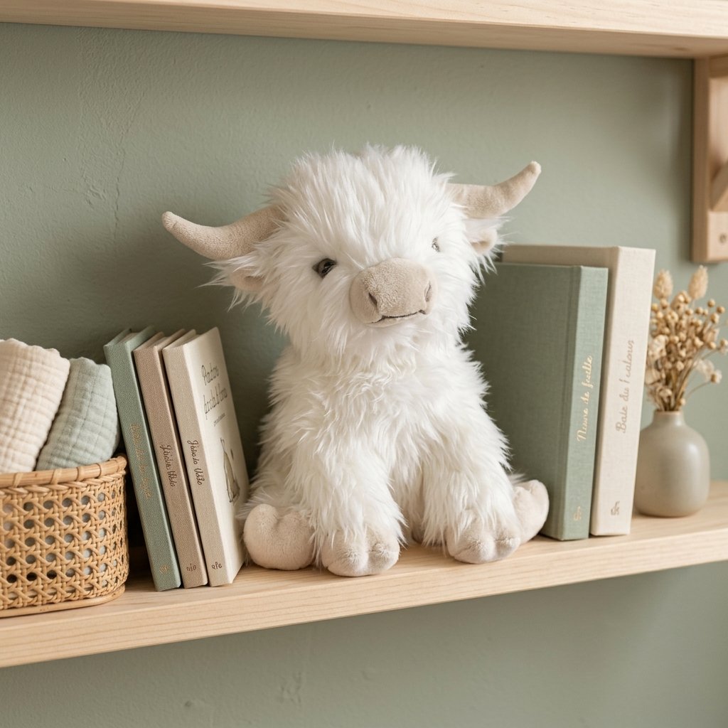 Peluche vache des Highlands blanche sur une étagère