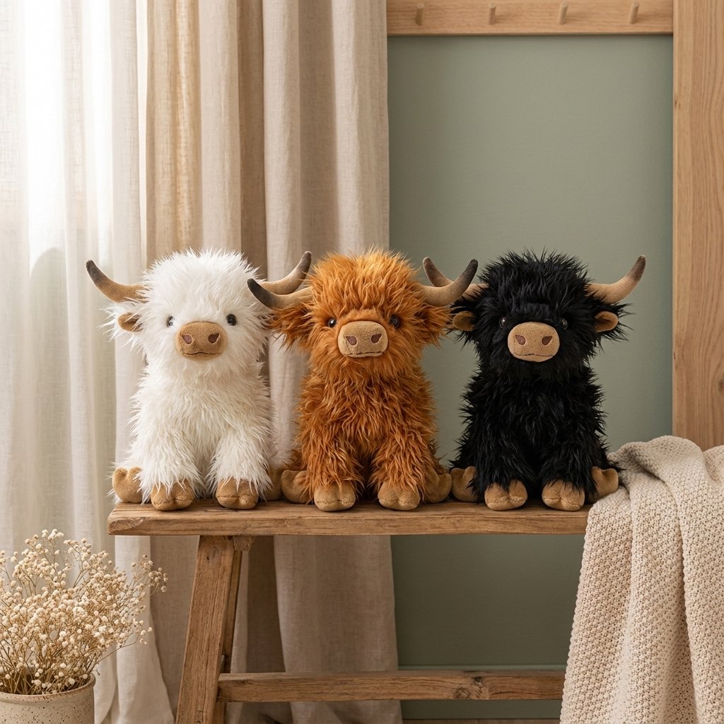 Trois peluches vaches des Highlands rousse, blanche et noire sur un banc