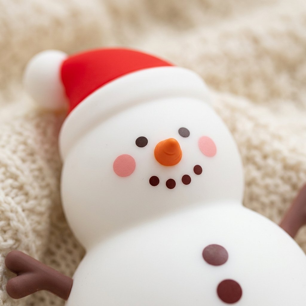 Gros plan sur le visage et le bonnet rouge de la veilleuse bonhomme de neige