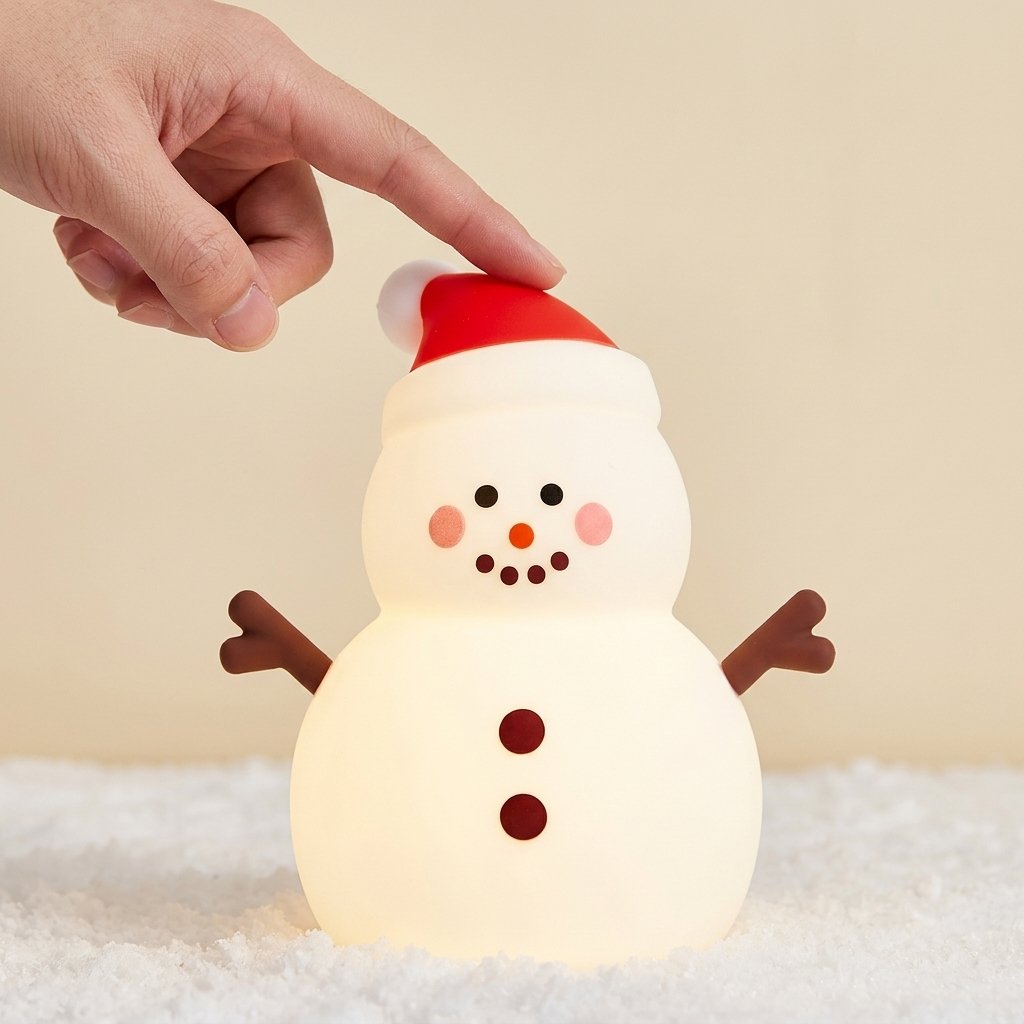 Main au-dessus de la veilleuse bonhomme de neige pour changer l'intensité