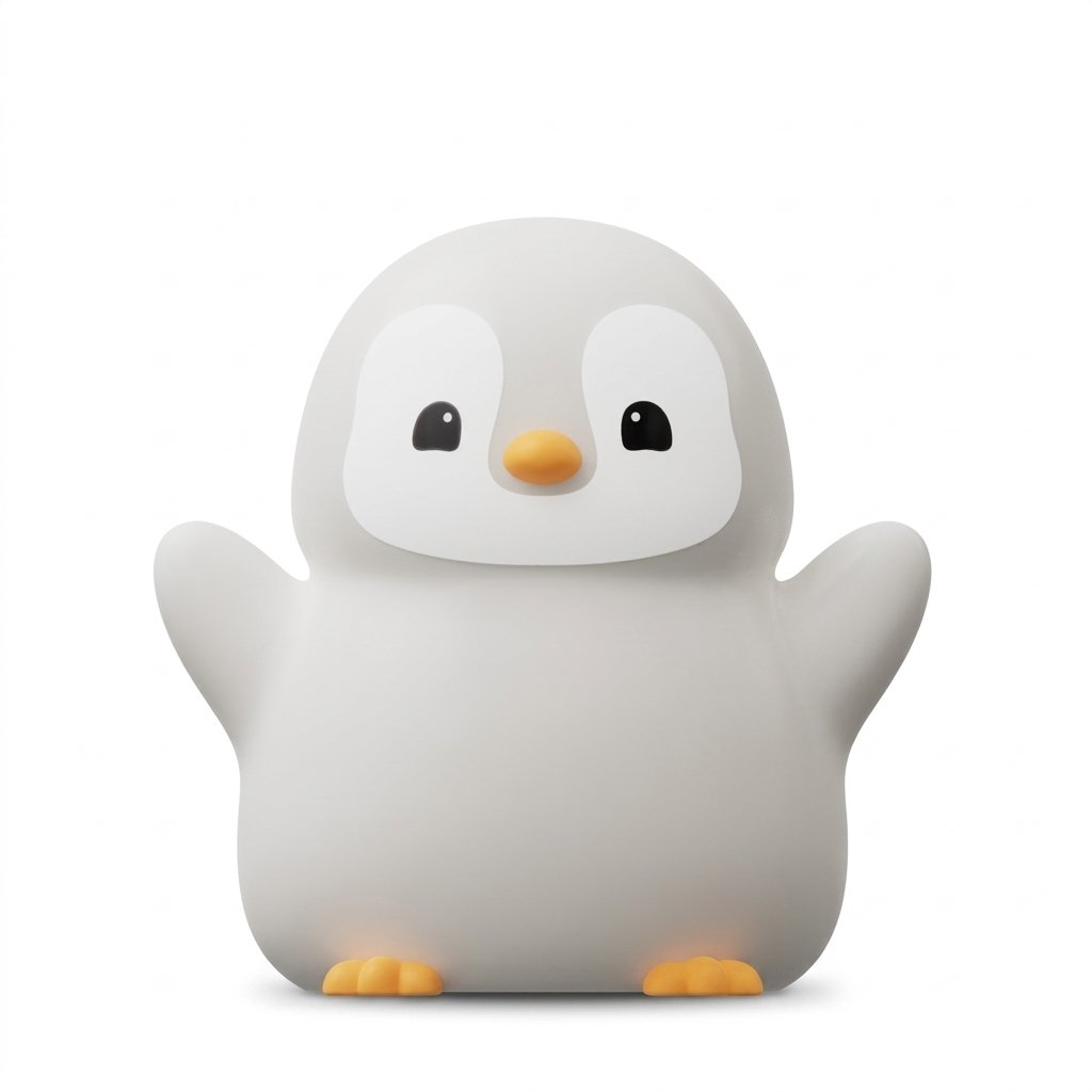 Veilleuse pingouin bébé en silicone gris clair, ailes levées
