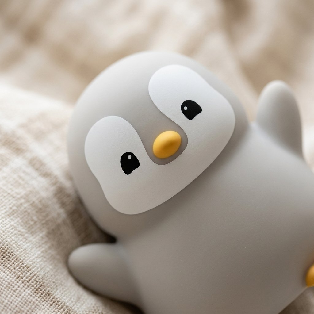 Gros plan sur le visage et le bec jaune de la veilleuse pingouin