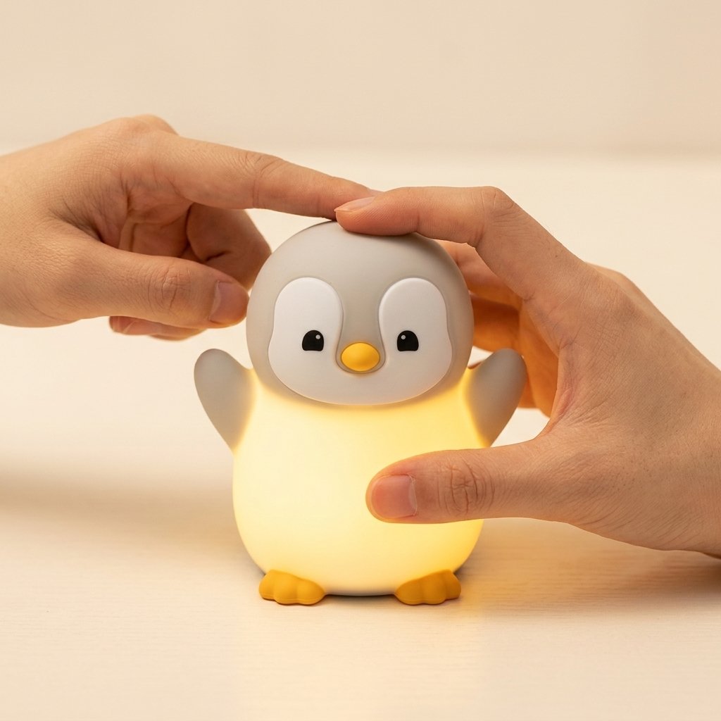 Main posée sur la tête de la veilleuse pingouin