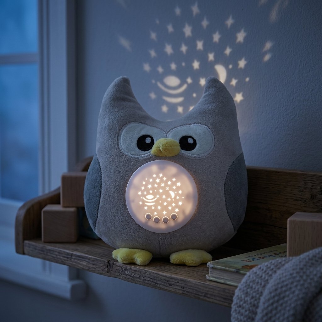 Peluche hibou projetant de petites étoiles sur le mur le soir