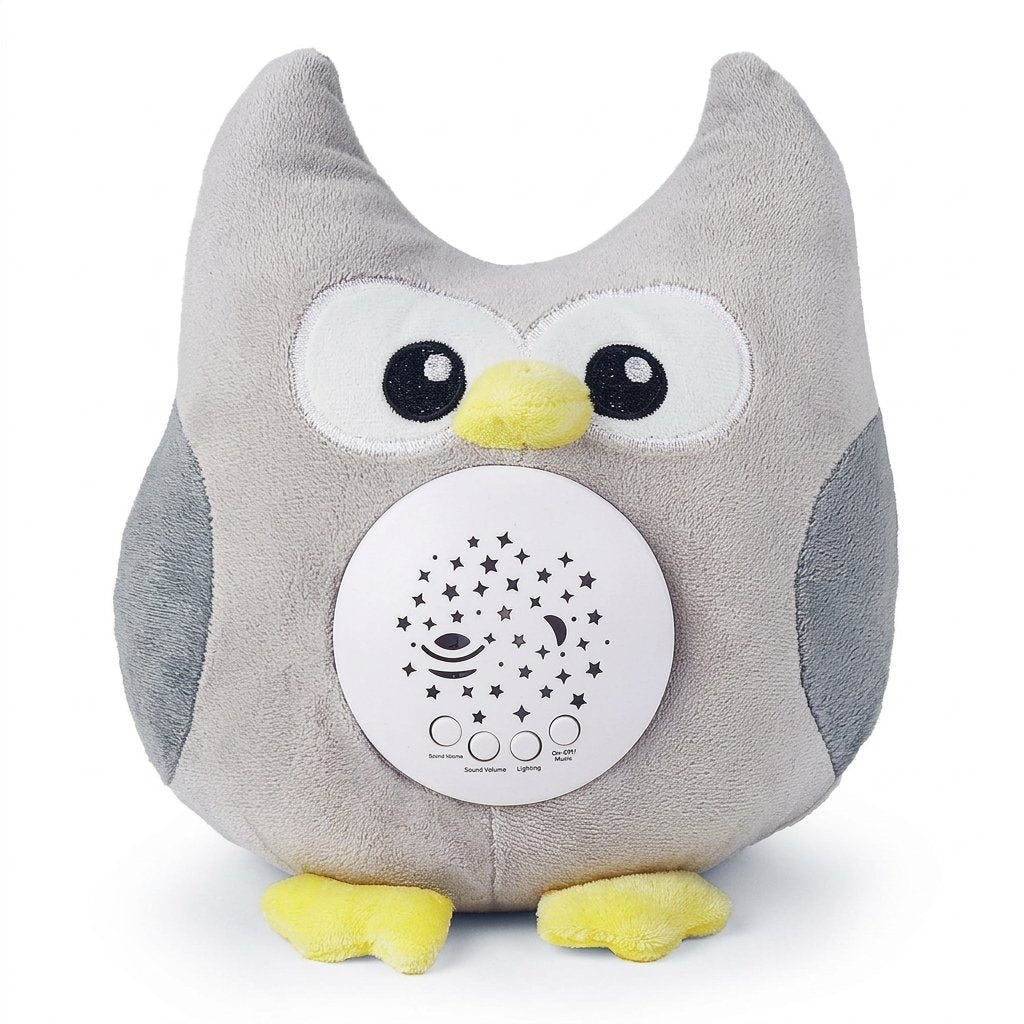 Peluche veilleuse projecteur hibou gris avec boîtier étoilé sur le ventre