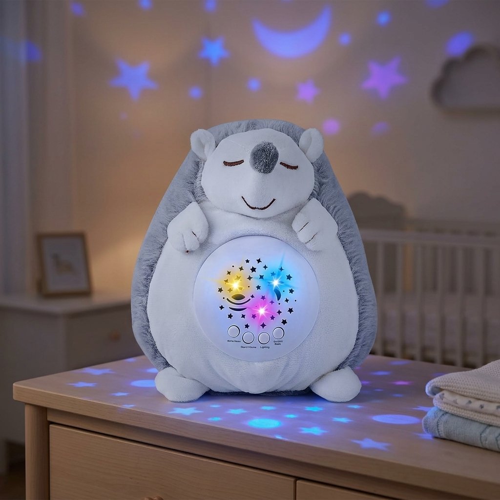 Peluche hérisson projetant des étoiles au plafond d'une chambre