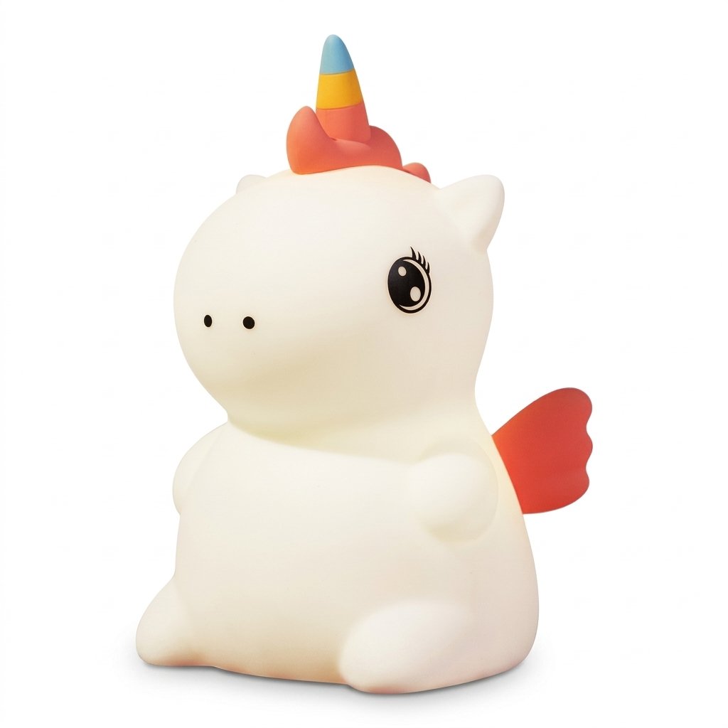 Veilleuse licorne en silicone blanc, crinière orange et petites ailes