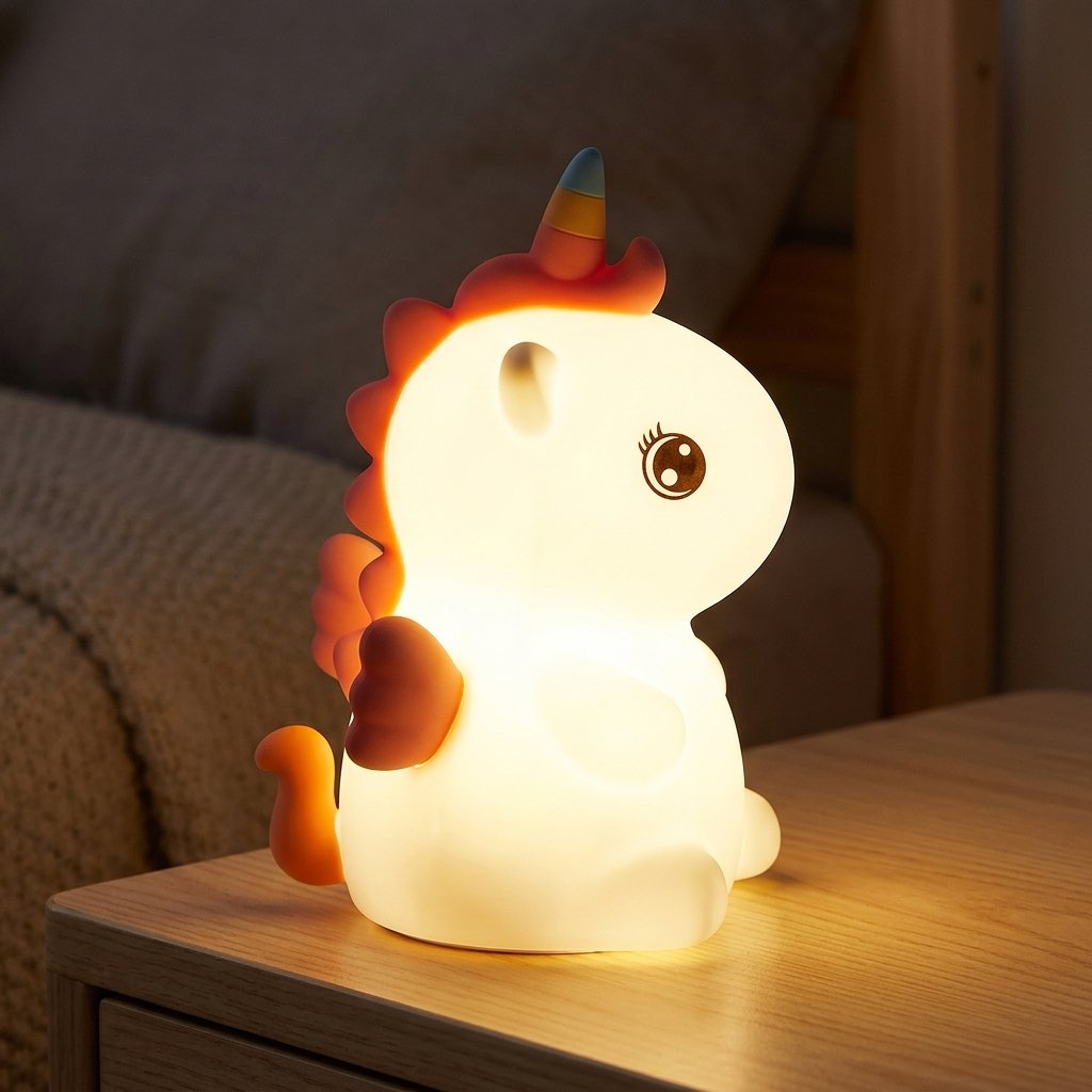 Veilleuse licorne allumée en lumière chaude sur une table de chevet