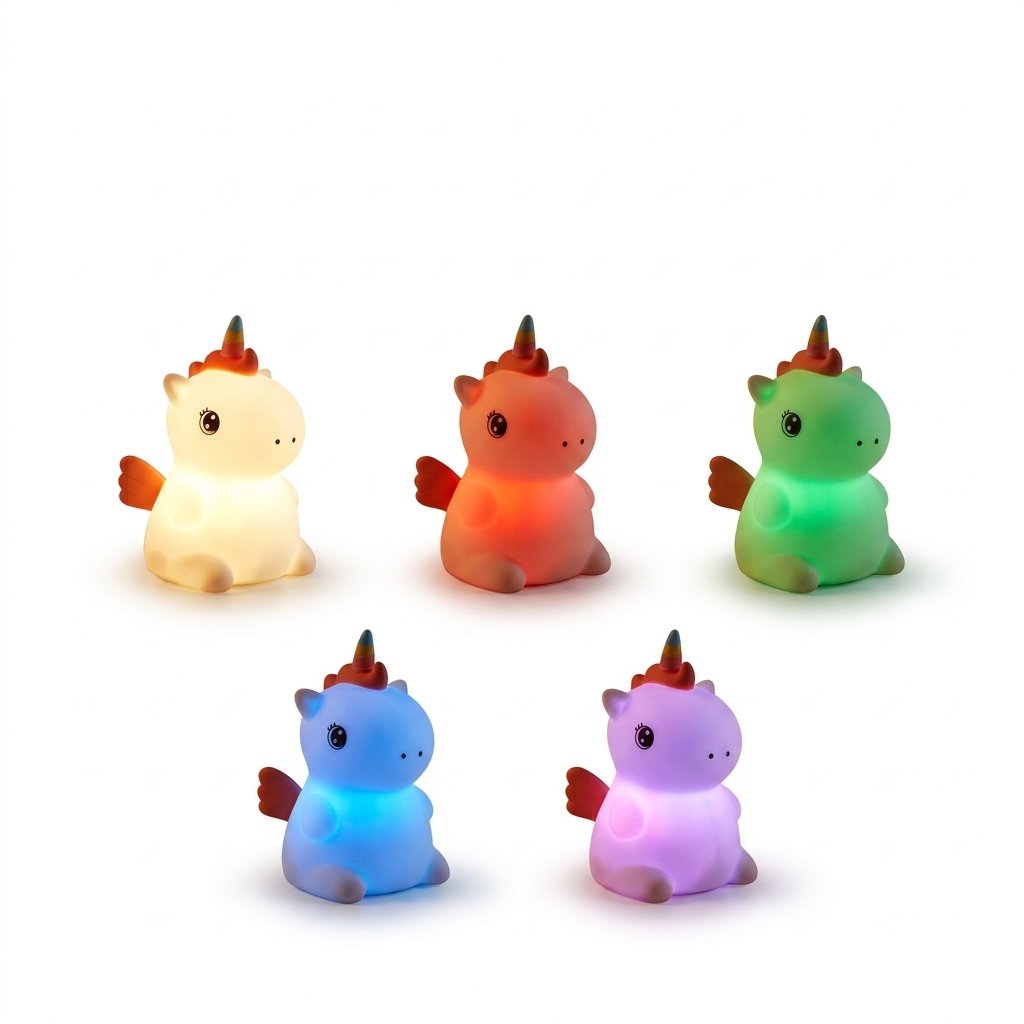 Cinq veilleuses licorne allumées dans des couleurs différentes