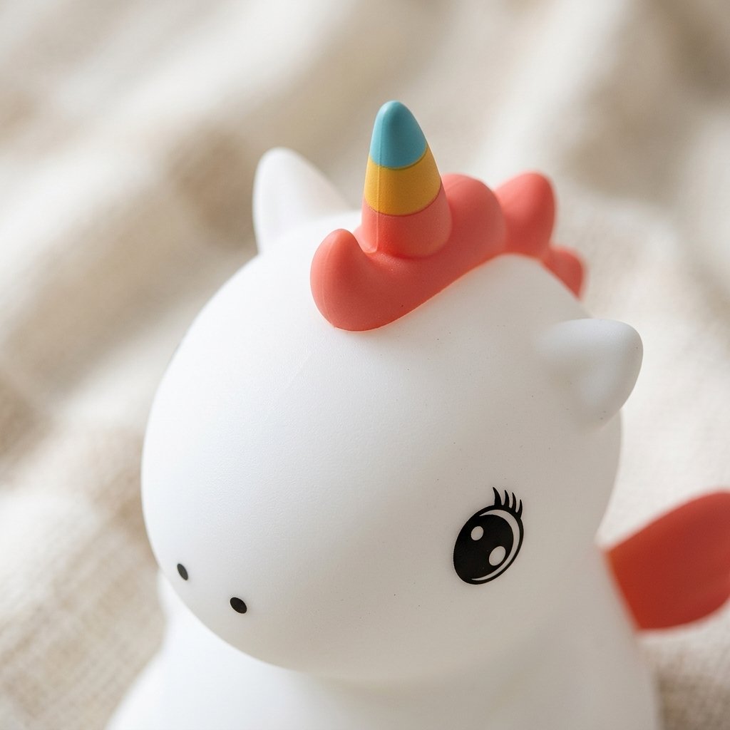 Gros plan sur le visage, la corne et la crinière de la veilleuse licorne
