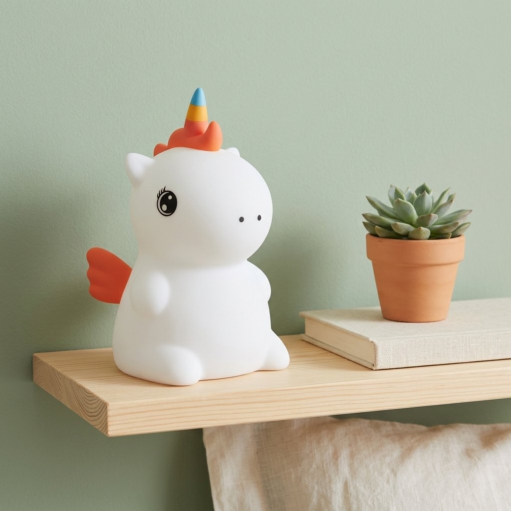 Veilleuse licorne éteinte sur une étagère en bois