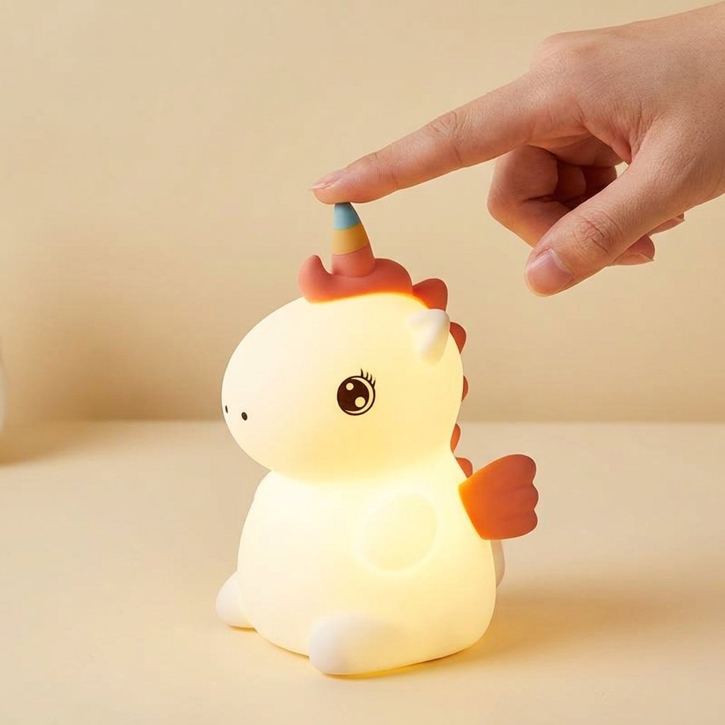 Main tapotant la tête de la veilleuse licorne allumée