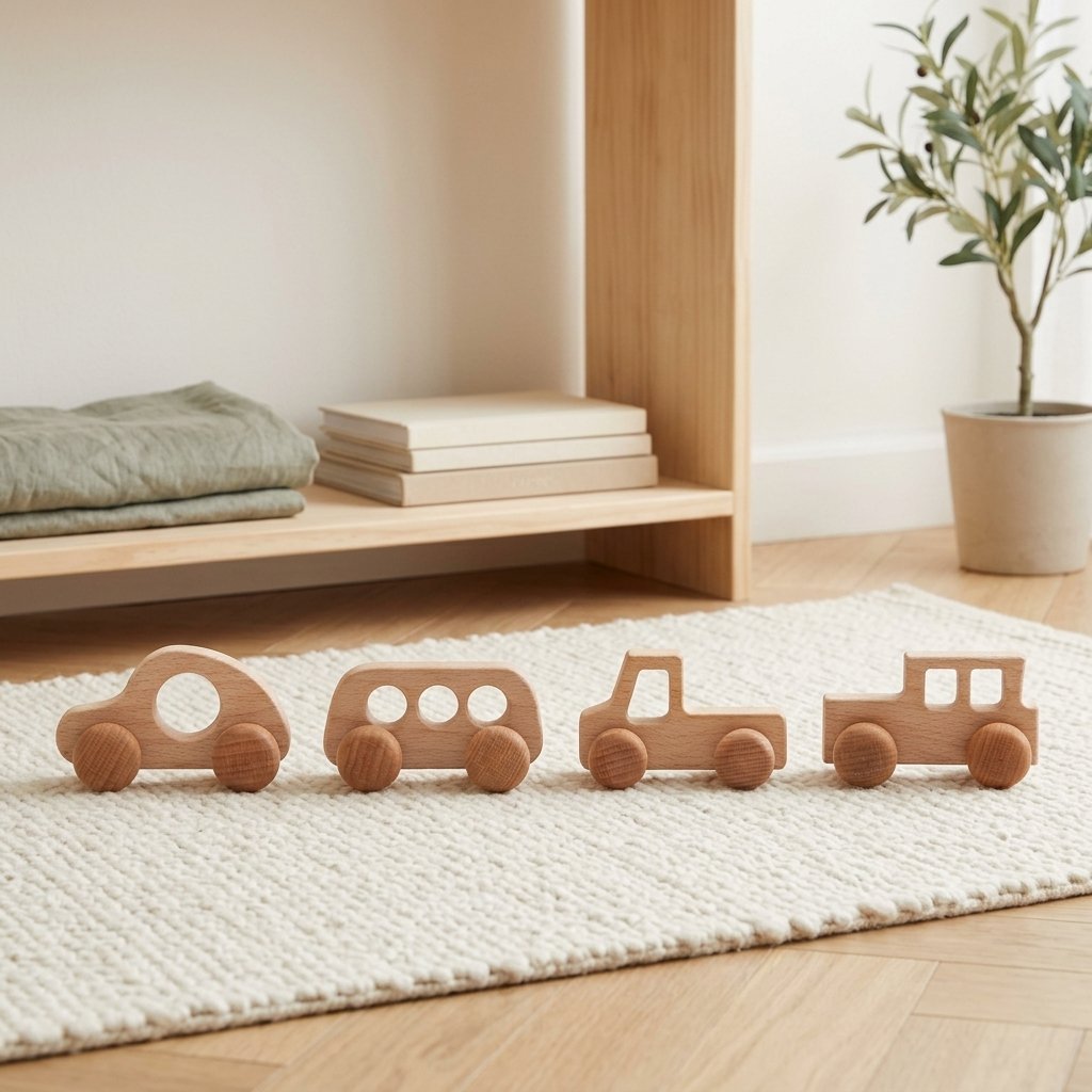 Quatre véhicules en bois alignés sur un tapis Image