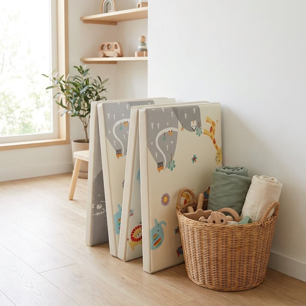 Tapis pliant replié en accordéon contre un mur