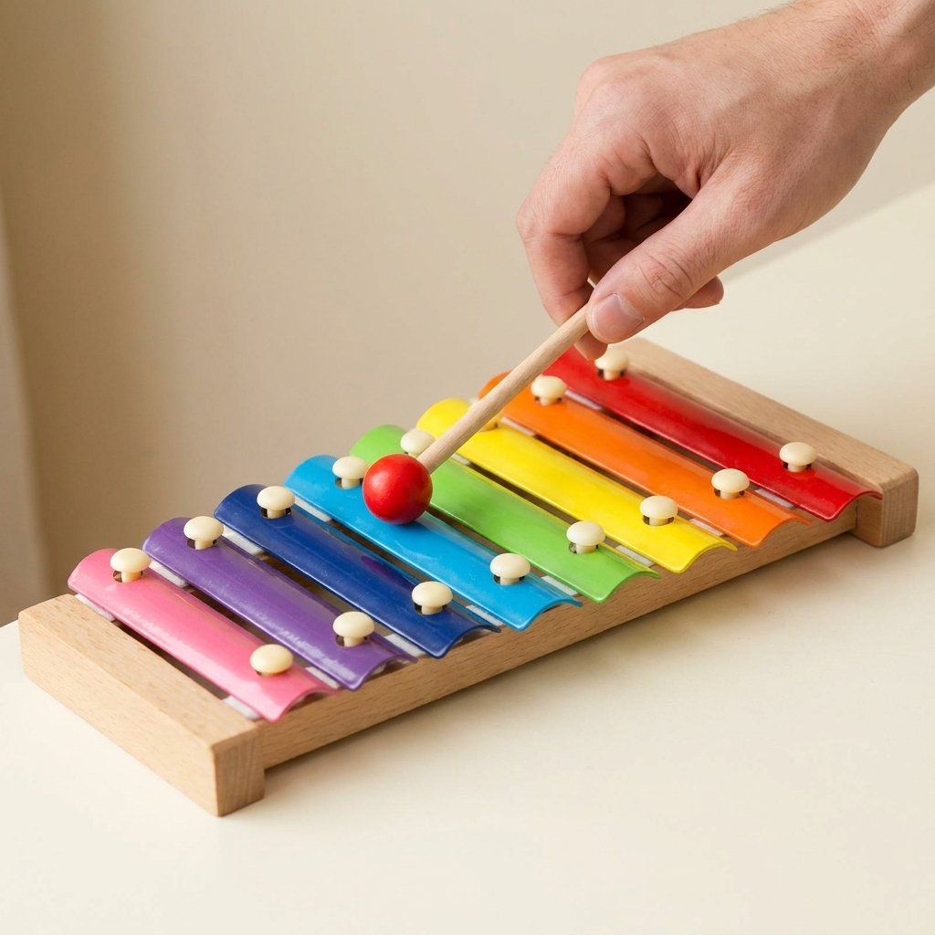 Main frappant une lame du xylophone avec la baguette